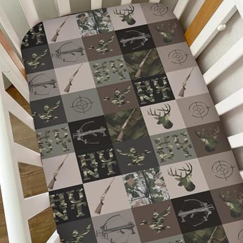 Hunting Patchwork Baby Crib Sheets for Boys Camouflage Deer Duck Hunt Soft Snug Fitted Crib Mattress Covers for 52''x28'' Standard Crib & Toddler Mattress Boy Men Hunting Lovers Gift Bed Sheets