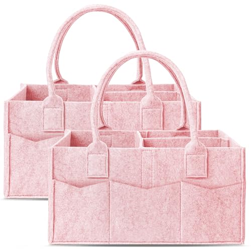 Cute Castle 2 Pack Diaper Caddy Organizer - Portable Baby Caddy Organizer with Handle, Nursery Storage Bin and Car Organizer for Girls, Boys - Baby Gift Basket - Pink