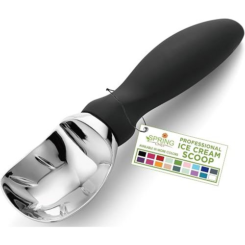 Spring Chef Heavy Duty Ice Cream Scoop with Comfortable Handle - Professional Ice Cream Scooper for Gelato, Sorbet, Cookie Dough, Melon - Dishwasher Safe Metal Kitchen Gadget - Black