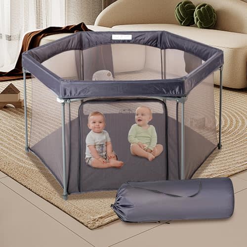 Baby Playpen 53x53 Inch, Indoor/Outdoor Portable Play Yard No Extra pad Required with Breathable Mesh Walls, Enclosed Safe Space for Babies, Quick Foldable Playpen for Home Travel Park (Grey)