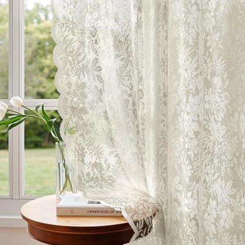 Vintage Floral Lace Sheer Curtains 96 Inches Long 2 Panels Victorian Ivory, Scalloped Edge Light Softening, Easy Install Rod Pocket Drapes for Bedroom Living Room French (W52xL96) Ivory White