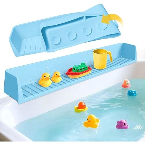 Splash Guard for Bathtub Kids - Silicone Bathtub Splash Guard with 11 Suction Cups, Bath Tub Play Shelf for Kids & Toy Holder, Prevent Water Spill in Bathroom, Fun Bath Time for Toddlers Baby, Blue