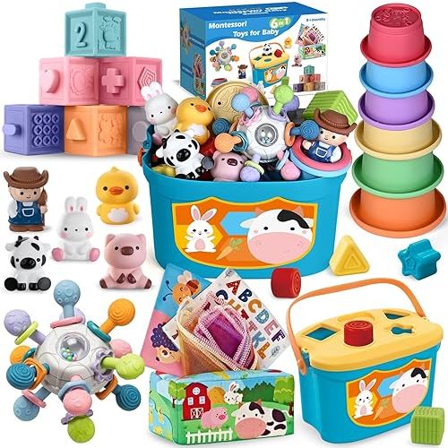 6 in 1 Baby Toys, 6-12 Months Baby Toys, 0-6 12-18 Montessori Toddler Gifts for Toddlers, Farm Animals Playset & Teething & Stacking Building Block Cup & Tissue Box & Sensory Bin for Development