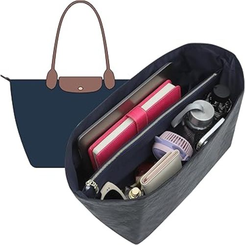 Doxo Upgraded Purse Organizer Insert Compatible with Long Champ Large and More, Ultra-light Waterproof DupontPaper le-pliage Large Bag Organizer, Keeps Tote Handbag Neat(Black&Blue,L)