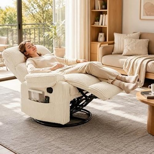 360° Corduroy Swivel Rocking Manual Recliner Chair, Nursery Rocker Reclining Chair with Side Pocket, Comfy Upholstery Adjustable Backrest Lounge Chair for Small Space Living Room Bedroom(beige)