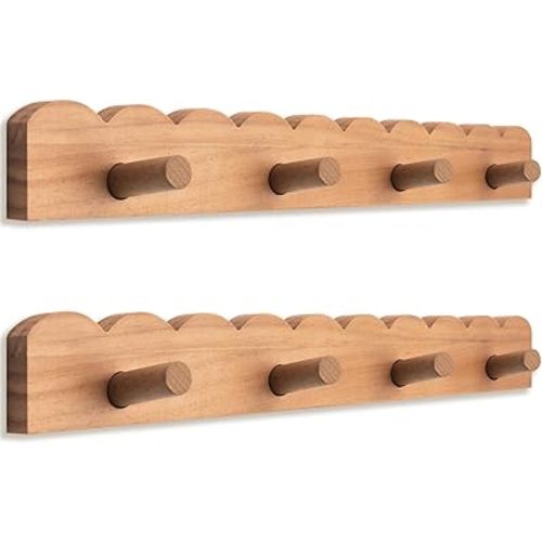 Leinuosen 2 Pack Scalloped Coat Rack Wall Mount Cute Nursery Wall Hook 16 Inch 8 Hooks Wood Backpack Hanger for Toddler Kids Clothes Hat Towel Keys Bathroom Classroom Playroom Nursery Decor