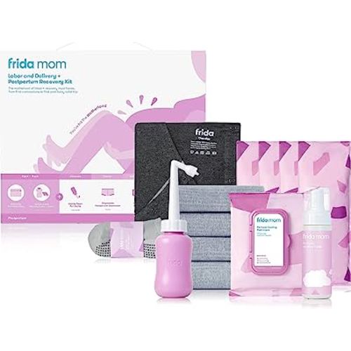 Frida Mom Hospital Packing Kit for Labor, Delivery, & Postpartum | Nursing Gown, Socks, Peri Bottle, Disposable Underwear, Ice Maxi Pads, Pad Liners, Perineal Foam, Toiletry Bag (15 PIECE GIFT SET)