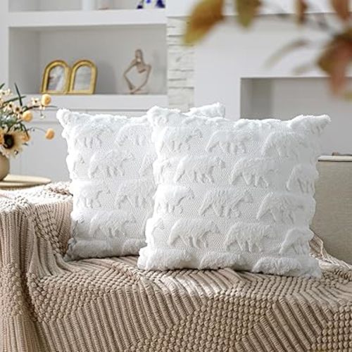 SmoothNovelty 2 Pcs Polar Bear Christmas Throw Pillow Covers 18x18 Inch White Bear Pillow Covers with 3D Embroidery Decor Pillowcases for Couch Bed Sofa Living Room Christmas Home Decor