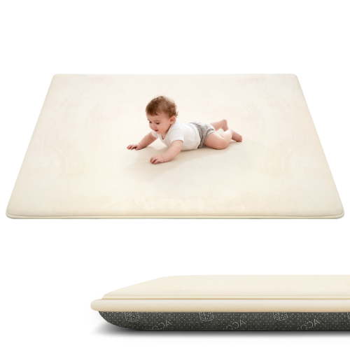 ACOMOPACK 1.3" Thick Baby Play Mat for Floor 59x71"-Large Water-Repellent&Non-Slip Memory Foam Mat for Kids,Toddlers,Soft Velvet Nursery Rug for Tummy Time&Crawling,Yoga,Tatami Style(Beige)
