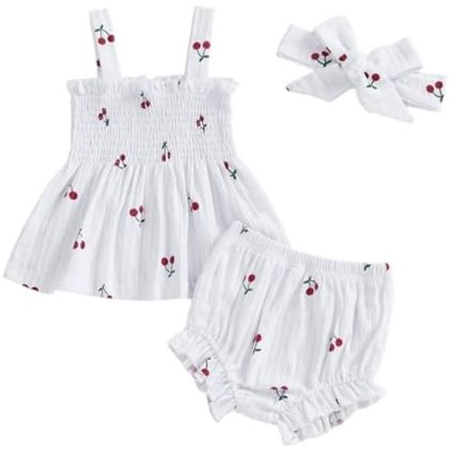 Thorn Tree Infant Girl Clothes Baby Outfits Sleeveless Strap Dress Tops Bloomer Shorts Bow Headband 3Pcs Summer Outfit