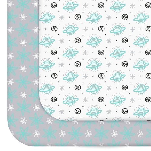 Pack and Play Sheets, 2 Pack Mini Crib Sheets, Stretchy Playard Fitted Sheet, Compatible with Graco Pack n Play, Soft and Breathable Material, Planet & Flower