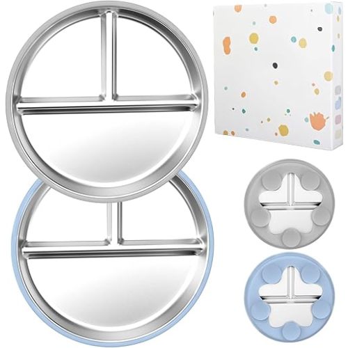 Stainless Steel Baby Plates with Suction, 2 Pack 9” Kids Divided Plates with Removable Silicone Suction, Non Slip, Non Toxic & BPA Free, Dishwasher Safe, Food-Grade Toddler Snack Dishes, Blue&Gray