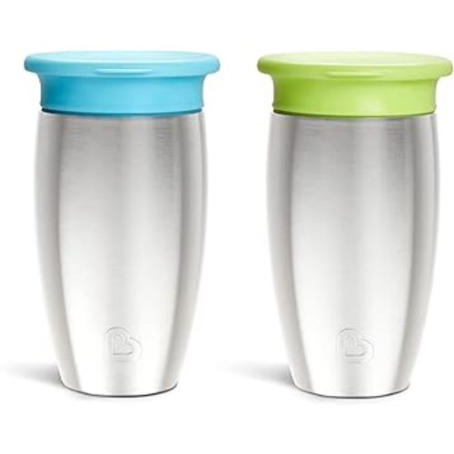 Munchkin Stainless Steel Sippy Cups for Toddlers 1-3, Spill Proof Miracle 360 Cup, Insulated, 10 Ounce, 2 Pack, Blue/Green