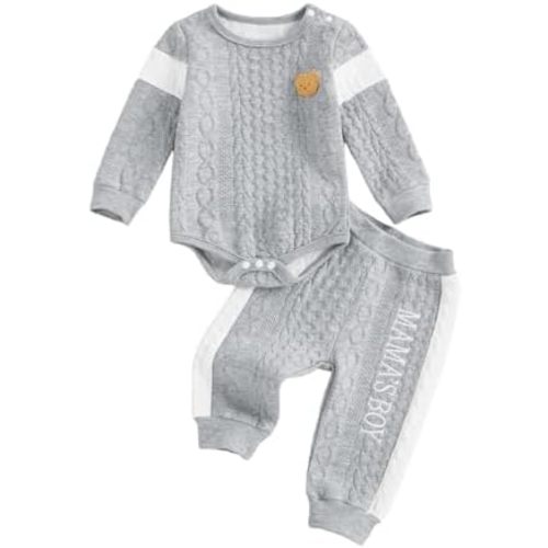 Gaono Baby Boy Fall Winter Clothes Mamas Boy Newborn Outfit Long Sleeve Bear Embroidery Cable Shirt Romper And Pants Set