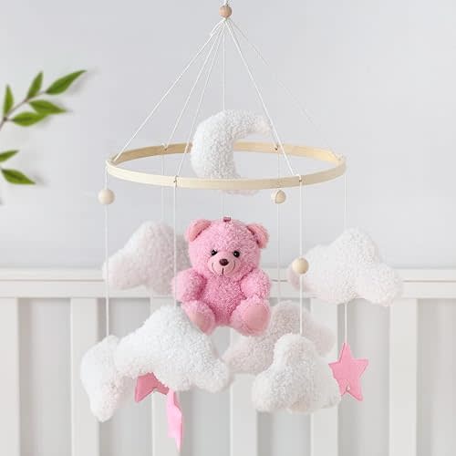 Baby Mobile for Crib Bear Cloud Crib Mobile Handmade Furry Nursery Mobile Gender Neutral Crib Toy Hanging for Nursery Decor Accessories
