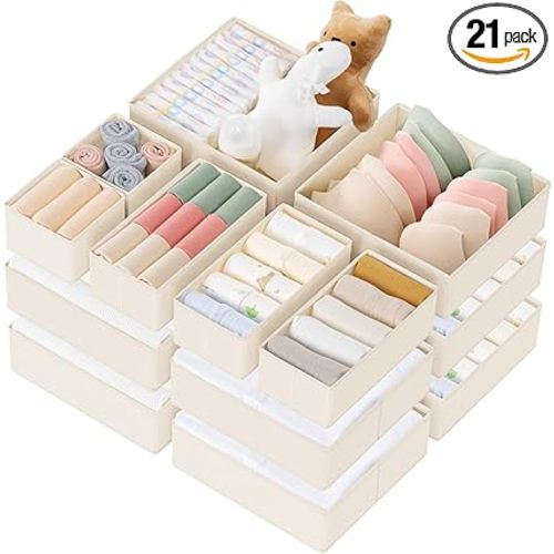 Criusia Drawer Organizer Clothes, 21 Pack Dresser Organizer for Baby Clothes, Underwear, Sock - Foldable Closet Organization and Storage Dividers Bins for Nursery, Bedroom (Beige)