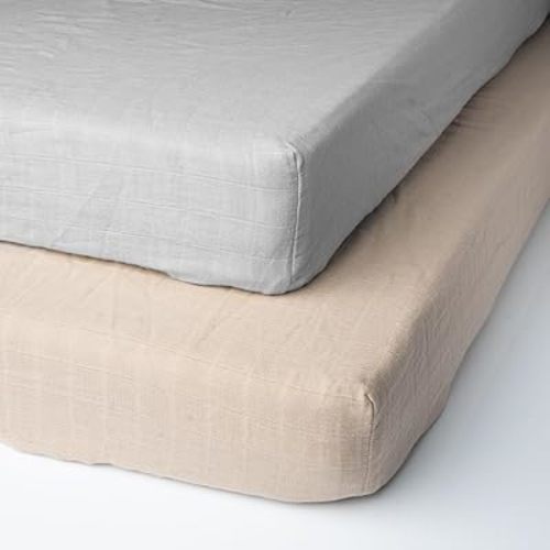 Salt Earth 100% Organic Cotton Muslin Standard Fitted Crib Sheet for Boys, Girls & Toddlers – 52"x28", 2 Pack Soft Breathable Natural Cotton Mattress Bed Sheets, Neutral Crib Sheet (Beige & Silver)