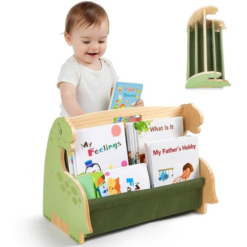 Toddler Bookshelf Double-Sided with 4 Tier Deep Sleeves Kids Wooden Montessori Book Rack for Baby Nursery Room, Playroom, Classroom or Bedroom Bookcase Storage Organizer, Green Dinosaur