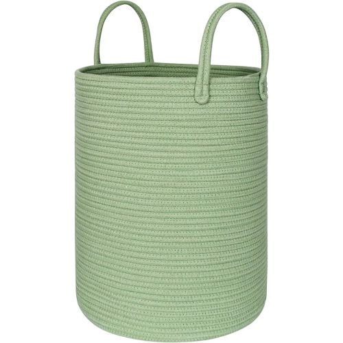 Large Green Laundry Basket, 15"x18" Tall Woven Cotton Rope Bin for Blankets Clothes, Baby Nursery Laundry Hamper, Kids Toy Storage Bin, Green Living Room Bedroom Decor Baskets for Organizing