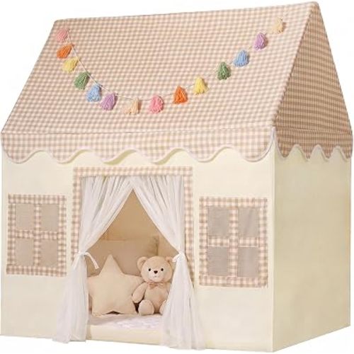 Kids Play Tent Indoor: with Mat, Tassel Garland - Large Brown Kids Tent Indoor Playhouse for Kids Toys for Boy Girl Birthday Gift
