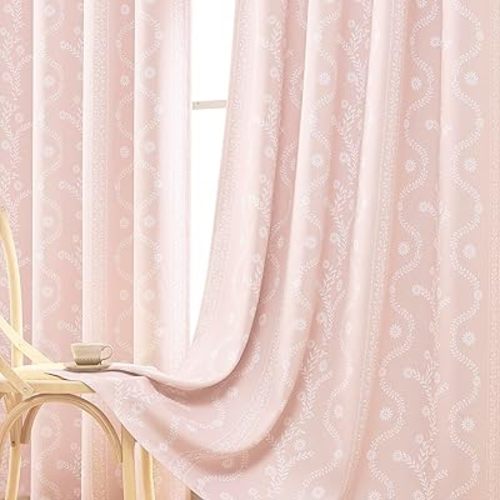 Pink Blackout Curtains 2 Panels 84 Inch Length Cute Curtain for Girls Room Nursery Bedroom,Light Pink White Floral Curtains,Blush Flower Patterned Printed Cottage Core Boho Drapes
