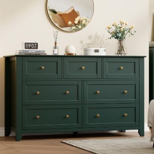 Dark Green 7 Drawer Dresser for Bedroom, 54" Wide Large Dresser with Deep Drawers & Metal Knobs, Modern Wooden Chests of Drawers