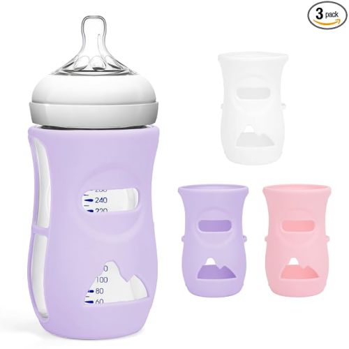 Silicone Sleeves for Avent Natural Glass Baby Bottles, BPA Free, Anti Breakage Baby Bottle Holder (Purple + White + Pink, 8 Ounce)