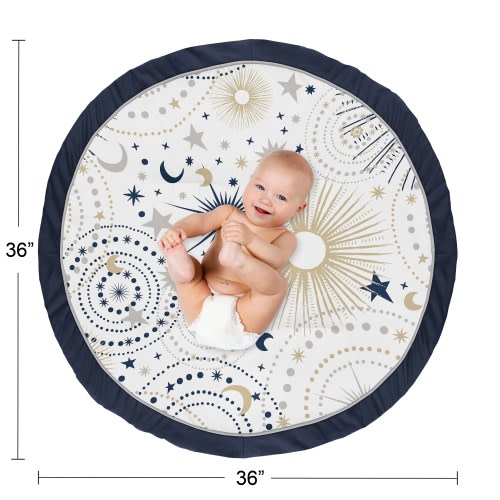 Star and Moon Collection Boy or Girl Baby Tummy Time Playmat - Navy Blue Gold and Grey Celestial Sky Stars Gender Neutral Unisex