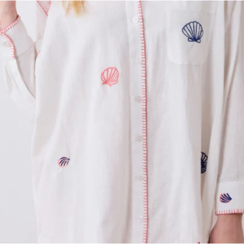 Embroidered Shells - Linen Everyday Button Down - Cloud – Printfresh