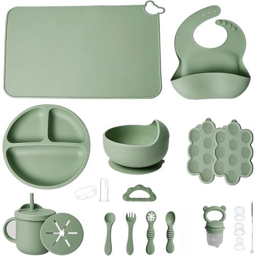 19 Pcs Silicone Baby Feeding Set Eating Essentials for Newborn | Toddler Plates and Bowls Set with Bib Sippy Cup Fruit Feeder Freezer Tray Fork & Spoon Infant Led Weaning Supplies Utensils