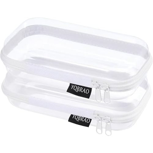 YQBRAO Set of 2 - Hard Sided Clear Zipper Case for Storage - Professional-Grade Plastic Hard Shell Zippered Organizers, Cosmetic Bag, Snack Bins