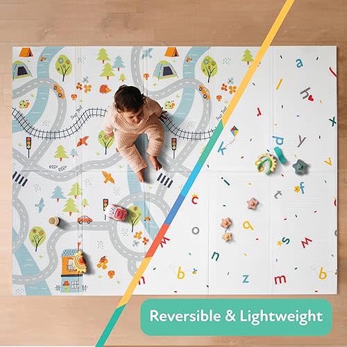 Nuby Reversible Baby Floor Mat, 77" x 58" - Foldable and Lightweight Baby Play Mat for Floor - Easy Storage and Travel - Car Tracks