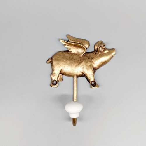 Golden Flying Pig Metal Wall Hook | Key Rack Hanger | Coat Hook | Entry Hook | Pig Gifts | Coastal Wall Hook