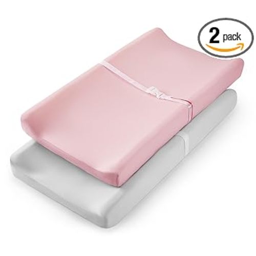 TILLYOU Changing Pad Cover Set in Soft Jersey Material Diaper Changing Pad Cover Girl - Fits 32"/34''x16 Contoured Pad for Babies,Peachy Pink & Lt Gray