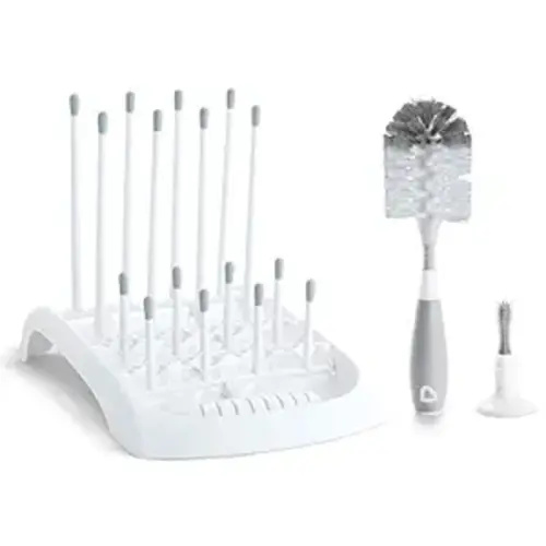 Munchkin Fold Baby Bottle Drying Rack and Bristle Bottle Brush Cleaning Essentials Set, White/Grey