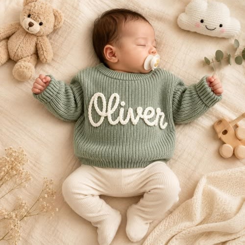 Personalized Baby Sweater With Name, Handmade Knit Baby Outfit, Custom Newborn Gift, Baby Shower Gift for Baby Girl or Boy