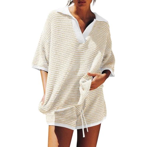 Tankaneo Womens Sweater Set 2 Piece Outfits Oversized 3/4 Sleeve V Neck Knit Tops High Waisted Shorts Lounge Sets