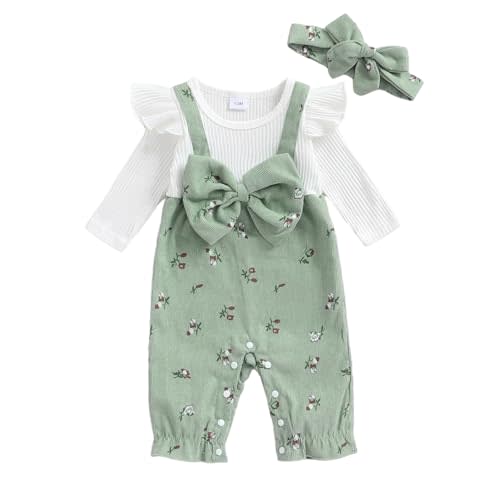 PUHHAPIEY Newborn Baby Girl Fall Clothes Corduroy Floral Bow Onesie Jumpsuits Ruffle Long Sleeve Outfit Infant Cute Romper