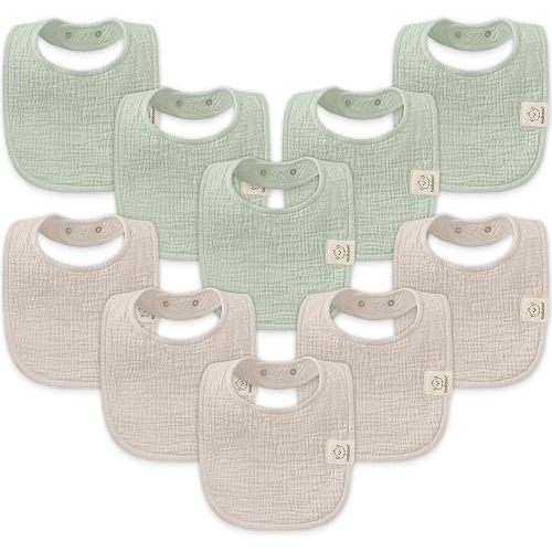 KeaBabies 10-Pack Muslin Baby Bibs for Drooling and Teething (Sage)
