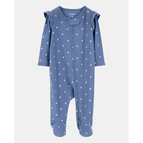 Baby Girl Mini Floral 2-Way Zip Ribbed Sleep & Play Pajamas - Blue, Newborn