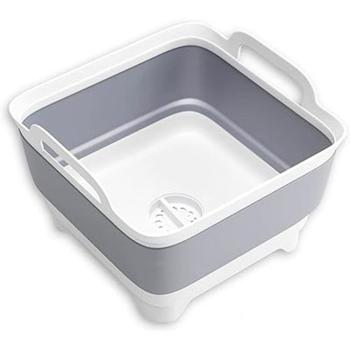 Collapsible Dish Basin with Drain Plug Dish Storage Rack Basket for 9L Capacity Portable Storage Container for Kitchen Motorhome Camper Vegetable Washing, RV