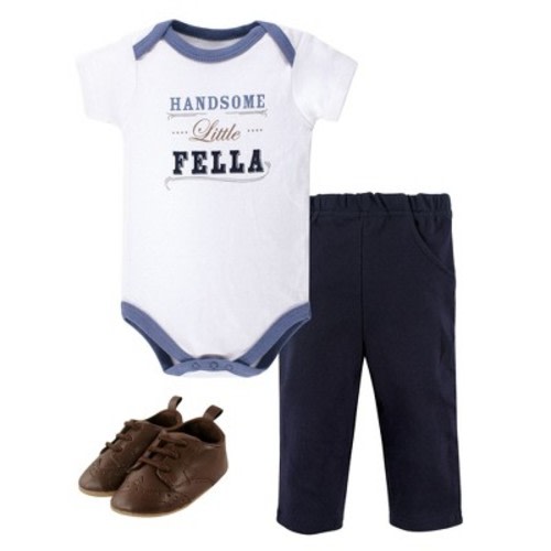 Little Treasure Baby Boy Cotton Bodysuit, Pant and Shoe 3pc Set, Handsome Fella Short-Sleeve, 0-3 Months