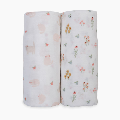 Lulujo Muslin Swaddles (2 Pack) - Kitty Cat/Flower Field, 2