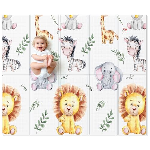 Noonkty 71x59 Foldable Foam Baby Play Mat for Floor, Babies Activity Tummy Time Playmat, Kids Non Toxic Foam Thick Play Mat for Baby, Toddlers, Waterproof & Anti-slip Crawling Mats,Lion,71x59