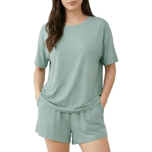 Womens Pajama Sets Cooling Viscose Made from Bamboo: Short Sleeve Top and Shorts, Soft Sleepwear Loungewear Summer