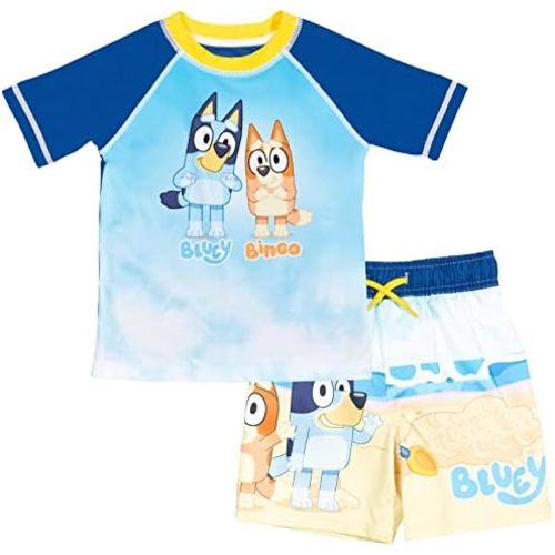 Bluey UPF 50+ Pullover Rash Guard and Swim Trunks Outfit Set Infant to Little Kid Sizes (12 Months - 7-8)