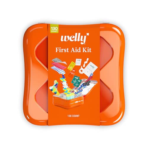 Welly First Aid Kit - Adhesive Flexible Fabric and Waterproof Bandages, Tape and Non-Stick Pads, Butterfly Strips, Single Use Ointments Triple Antibiotic and Hydrocortisone, and Ibuprofen - 130 Count