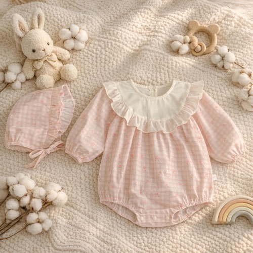 Baby Girl Gift Set Cotton Romper With Bonnet, Cute Baby Girl Outfit, N – BloomKnit