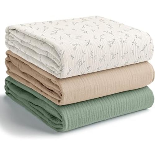 Comfy Cubs Muslin Swaddle Blankets Pack of 3 - Branch Pattern, Fern, Sand