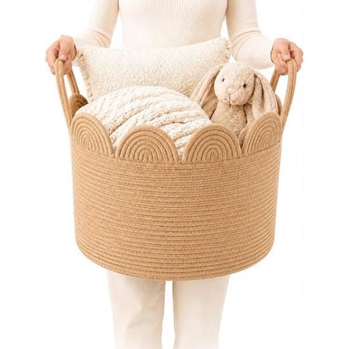 Scalloped Storage Basket, 16" Woven Cotton Rope Laundry Basket with Handles